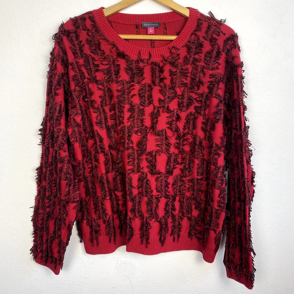Vince Camuto Chunky Soft Red Black Frayed Grandma Preppy Cotton Eyelash Sweater - Picture 2 of 5